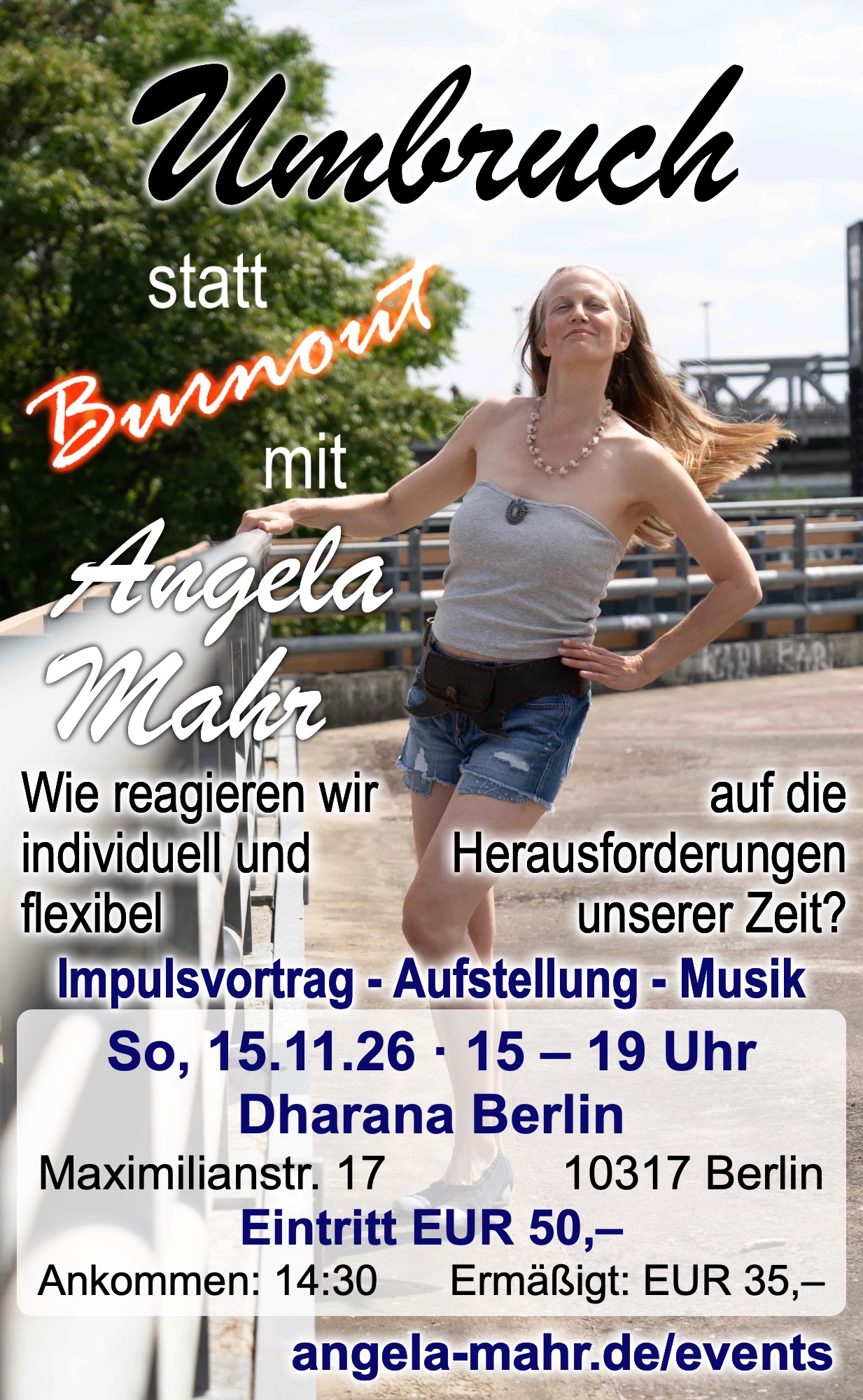 Flyer „Umbruch statt Burnout“ mit Angela Mahr – So, 15.11.26, 15–19 Uhr, Dharana Berlin