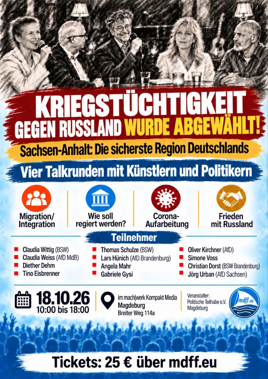 Flyer: Kriegstüchtigkeit gegen Russland wurde abgewählt! Vier Talkrunden mit Künstlern und Politikern am 18.10.26 in Magdeburg